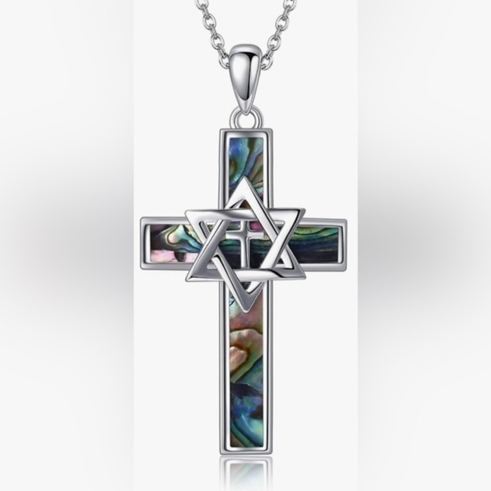 Sterling Silver Cross Star of David Pendant with Abalone Inlay